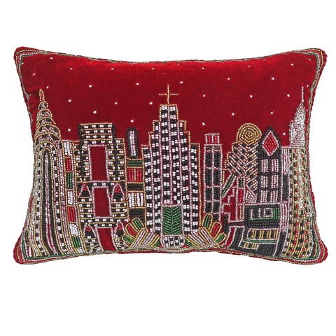 Pillow Red Velvet W/ Beaded NYC Skyline, 9" x 12"
