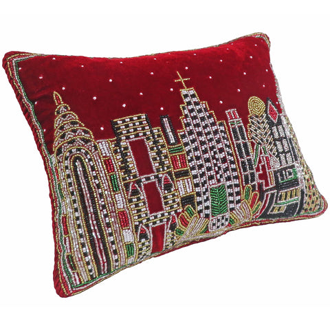 Pillow Red Velvet W/ Beaded NYC Skyline, 9" x 12"