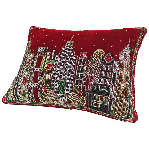 Pillow Red Velvet W/ Beaded NYC Skyline, 9" x 12"