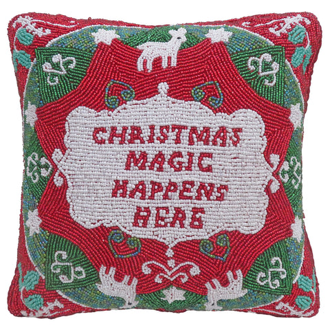 "Christmas Magic Happens Here" Beaded Pillow, 10x10