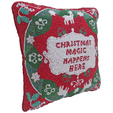 "Christmas Magic Happens Here" Beaded Pillow, 10x10