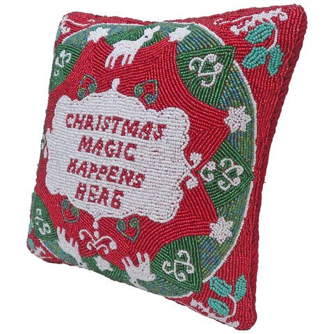 "Christmas Magic Happens Here" Beaded Pillow, 10x10