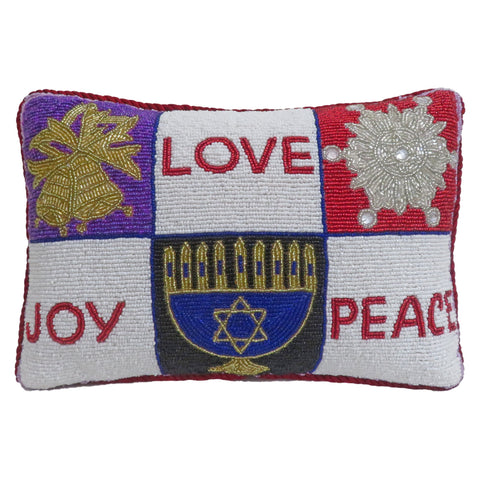 Multi Denominational "Love, Joy, Peace" Beaded Pillow, 8 x 12"