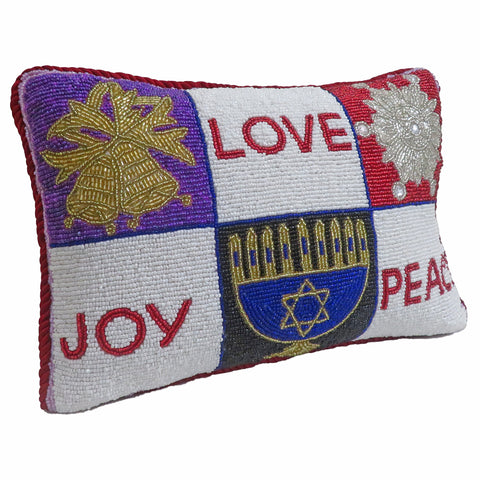 Multi Denominational "Love, Joy, Peace" Beaded Pillow, 8 x 12"