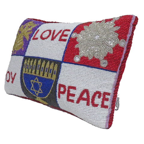 Multi Denominational "Love, Joy, Peace" Beaded Pillow, 8 x 12"