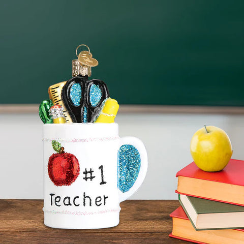 Glass "Best Teacher" Mug Ornament, 3.75"