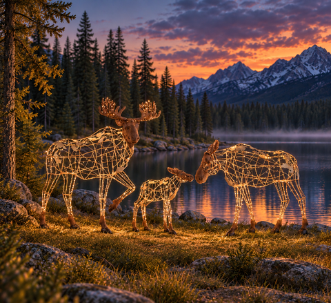 Large Golden White Mr. Moose, LED Lit w/Fiberglass 8'
