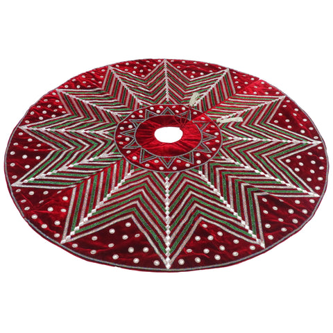 Red/Silver/Green Tree Skirt W/ Beaded Star Pattern & Crystals, 60"