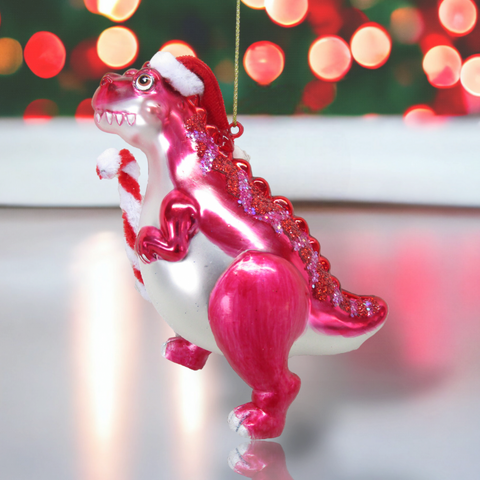 5" Pink Dinosaur w/Candy Cane Ornament