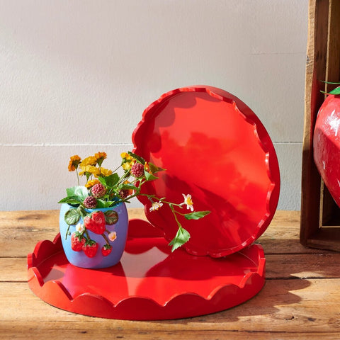 Round Red Scalloped Tray, 16" (Set of 2)