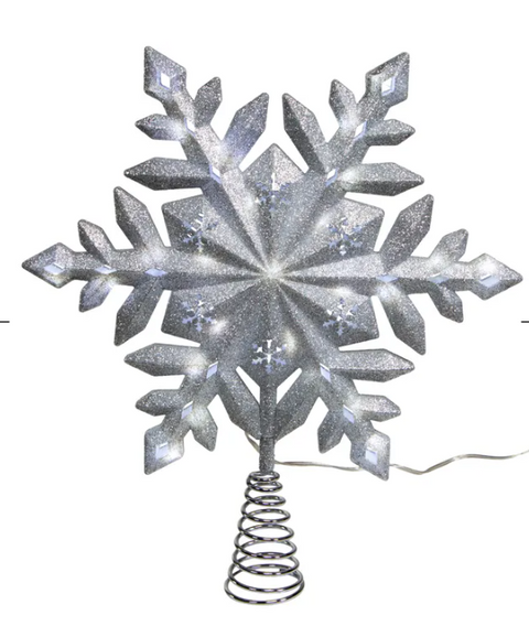 13" UL 25-Light Cool White LED Glittered Snowflake Treetop