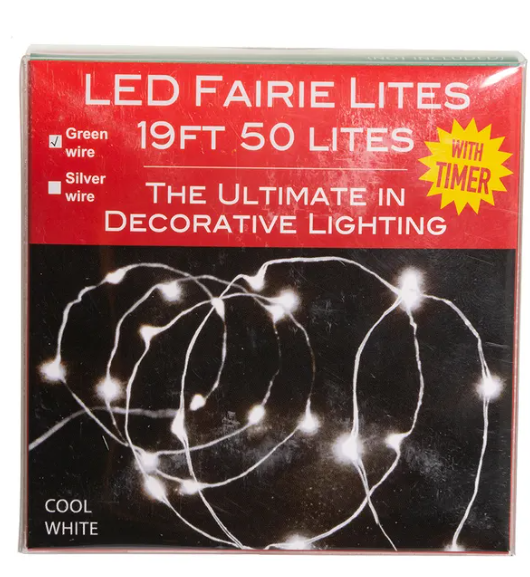 19' 50-Light Battery-Operated Cool White LED Green Wire Fairy Lights