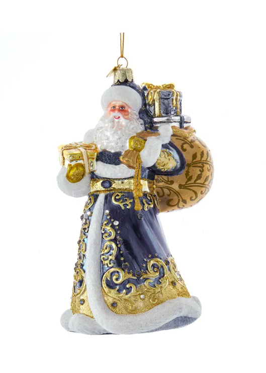 Bellissimo Elegant Glass Blue and Gold Santa Ornament