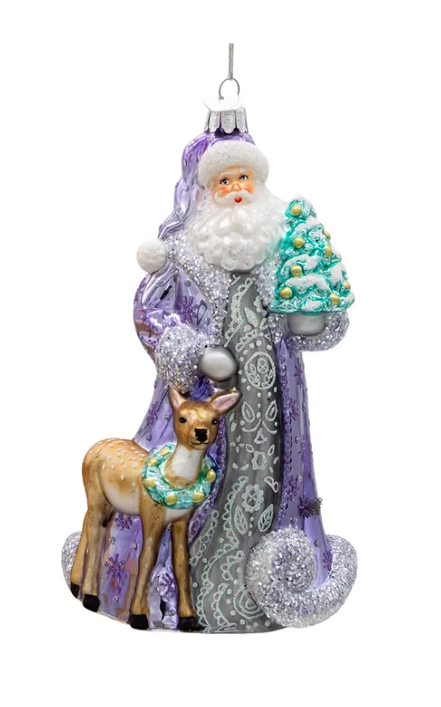 Bellissimo Glass Periwinkle Santa Ornament