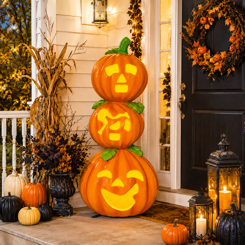 Silly Fiberglass Jack O' Lantern Pumpkin Stack Figure, 60"