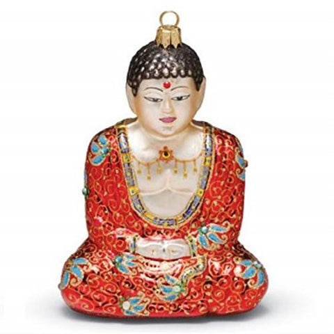 Sitting Red Buddha Glass Ornament, 6.25"
