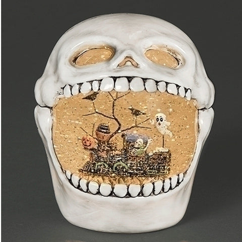 Lighted Skull Swirl Snow Globe, Halloween Train Scene, 7.25"