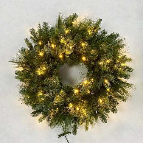 American Mixed Greenery Wreath, LED Lit, 24"