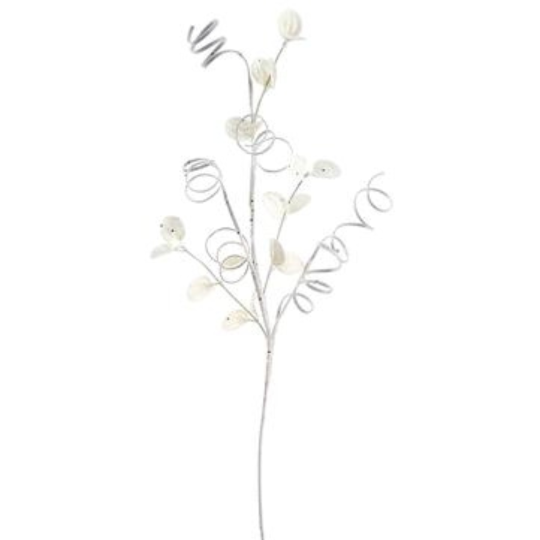 28" White Glittered Eucalyptus/ Swirl Leaf Spray