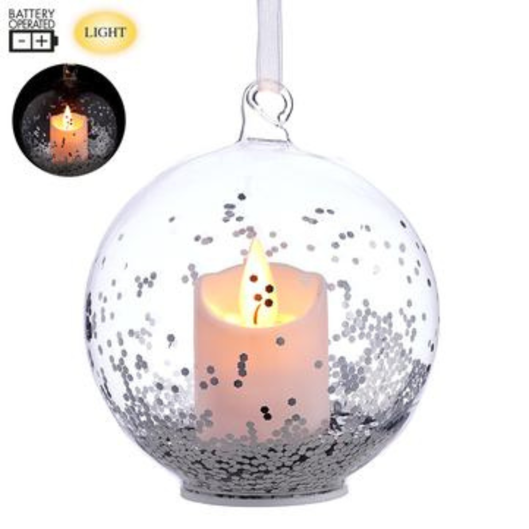 4" Battery Operated Glass Ball Ornament With Candle & Silver Glitter
