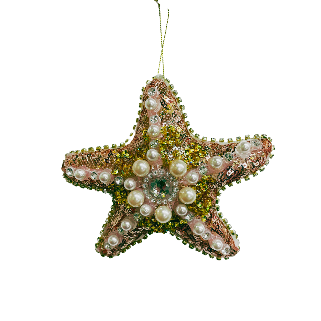 Jeweled Fabric Starfish Ornament w/Pearls