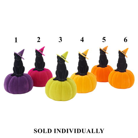 Flocked Cat on Pumpkin w/Hat, 19" (6 styles - sold individually)