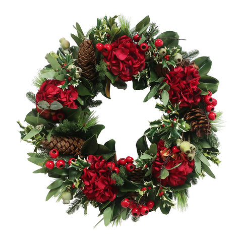 Red Hydrangea Holiday Wreath, 30"
