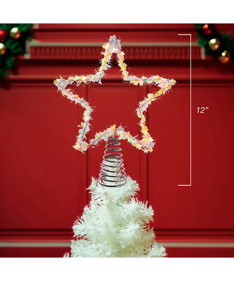 12" 55-Light Warm White LED Silver Tinsel Star Treetop