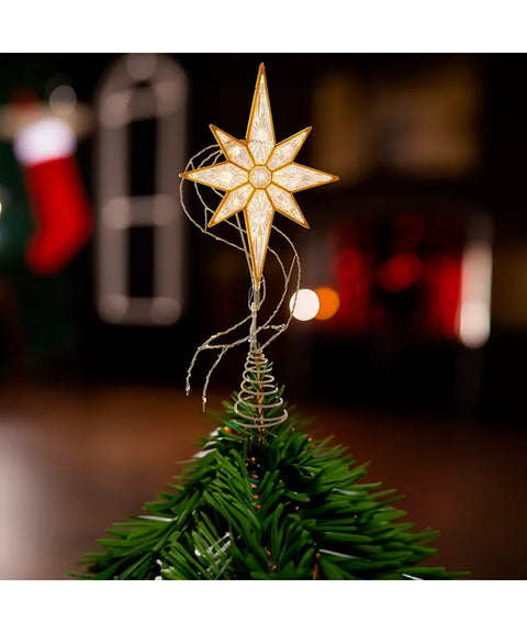 17" Pre-Lit Gold Glittered 8-point Star Treetop