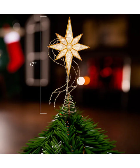 17" Pre-Lit Gold Glittered 8-point Star Treetop