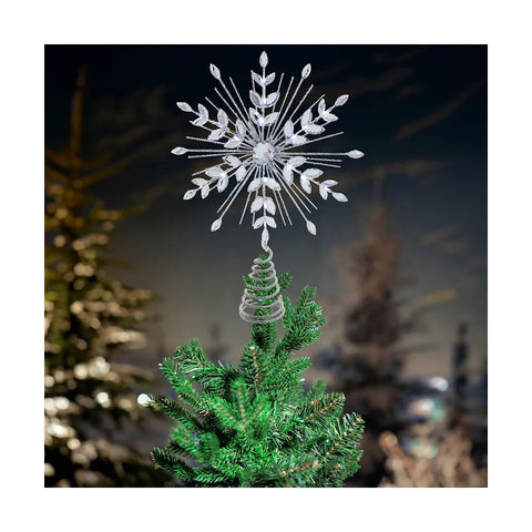 18L Cool White Micro LED Silver Glittered Snowflake Treetop, 11.75"