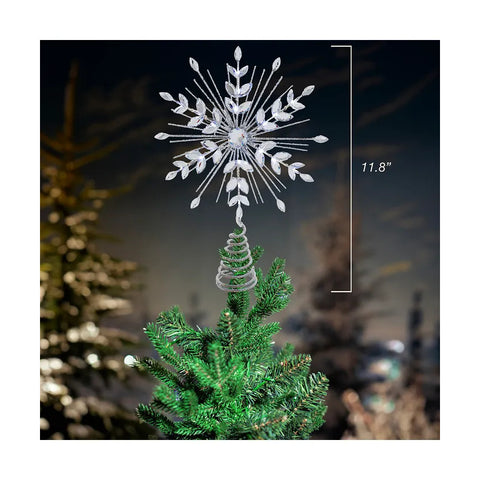 18L Cool White Micro LED Silver Glittered Snowflake Treetop, 11.75"