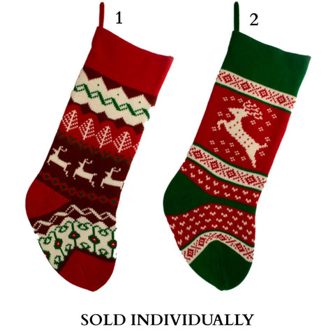 Red, Green and Ivory Knit Reindeer Stockings (2 Styles – Sold individually)