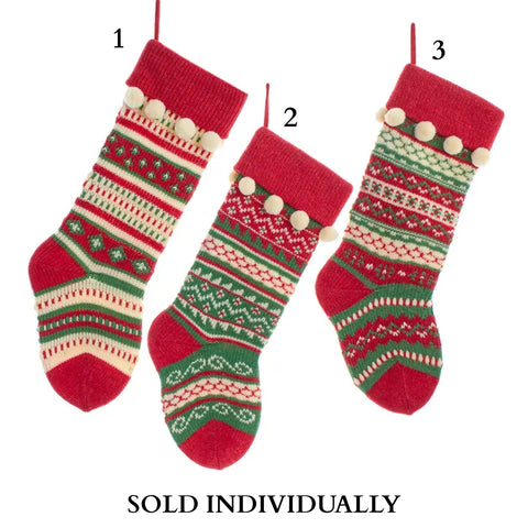 Red, Green & White Heavy Knit Stockings (3 Styles – Sold individually)