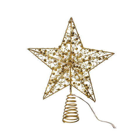 Battery Operated Warm White LED Gold Beaded Metal Star Treetop, 11.8"
