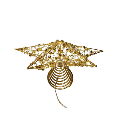 Battery Operated Warm White LED Gold Beaded Metal Star Treetop, 11.8"