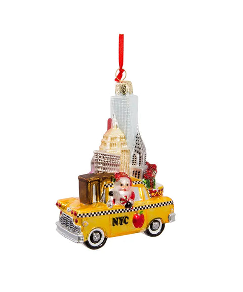 NYC Santa In Taxi Glass Ornament
