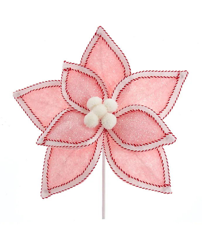 Pink Poinsettia With Red and White Trim Pick