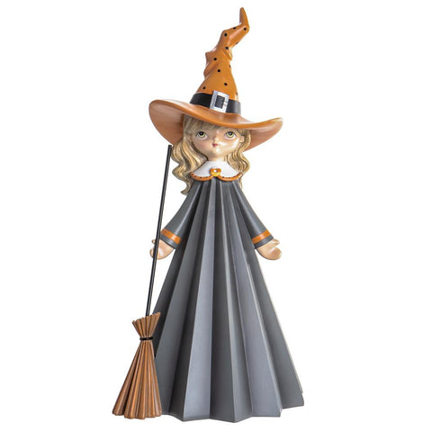 Witch With Broom Figurine, 21.2" (Gray & Orange)