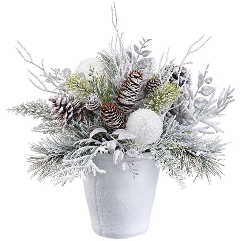 Snowed Berry/Ball/Pine Cone/Pine in Cement Pot, 15" (White & Silver)