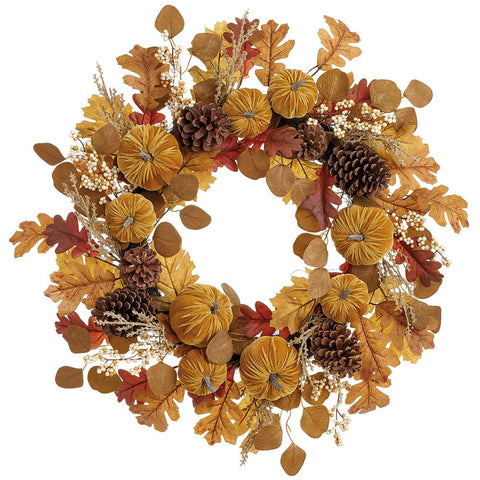 Pumpkin/Pine Cone/Oak Wreath, 24" (Mustard & Brown)