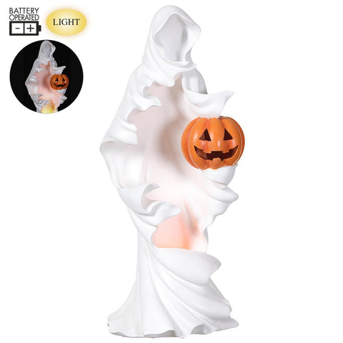 Battery Operated Ghost Holding A Jack-O'-lantern With Light, 20" (White & Orange)