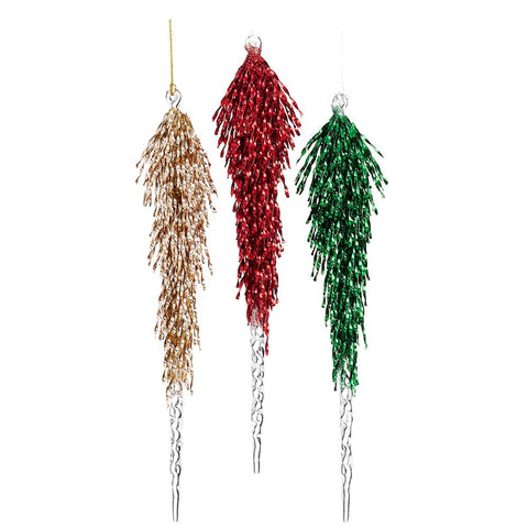 Gold/Red/Green Glittered Tinsel Icicle Ornaments, 11" (Set of 3)