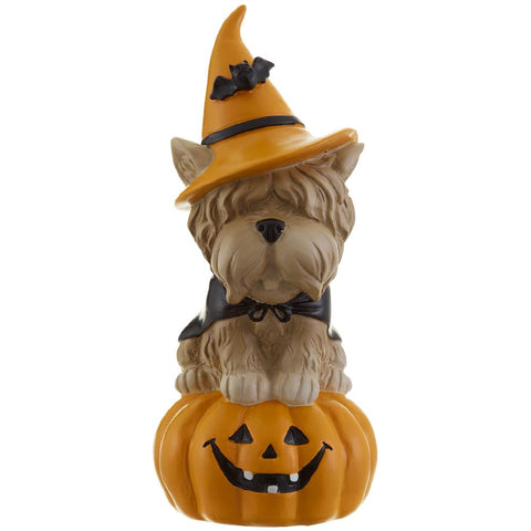 Terrier Sitting on Pumpkin Figurine, 9" (Cream & Orange)