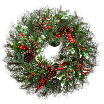 24" Holly Berry Cone Pine Wreath