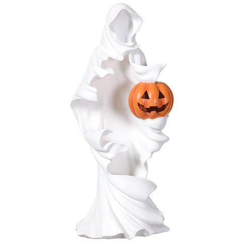 Battery Operated Ghost Holding A Jack-O'-lantern With Light, 20" (White & Orange)