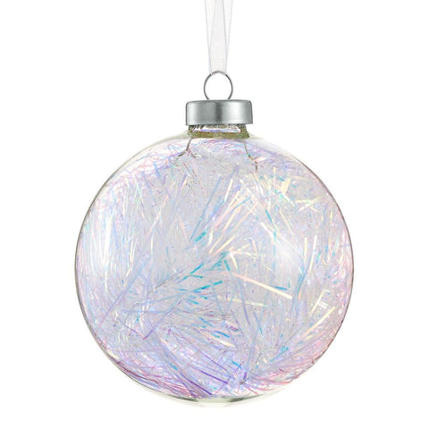 Glass Ball Ornament With Tinsels, 4" (Clear & Iridescent)