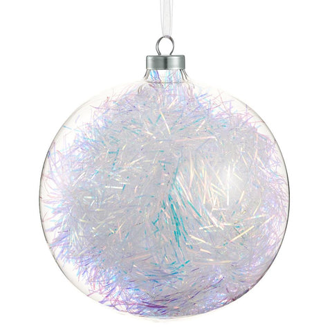 Glass Ball Ornament With Tinsels, 6" (Clear & Iridescent)