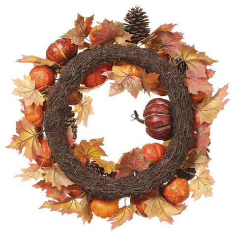 22" Pumpkin & Pine Cone Wreath, Orange / Brown