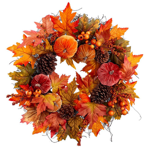 22" Pumpkin & Berry & Pine Cone Wreath, Fall